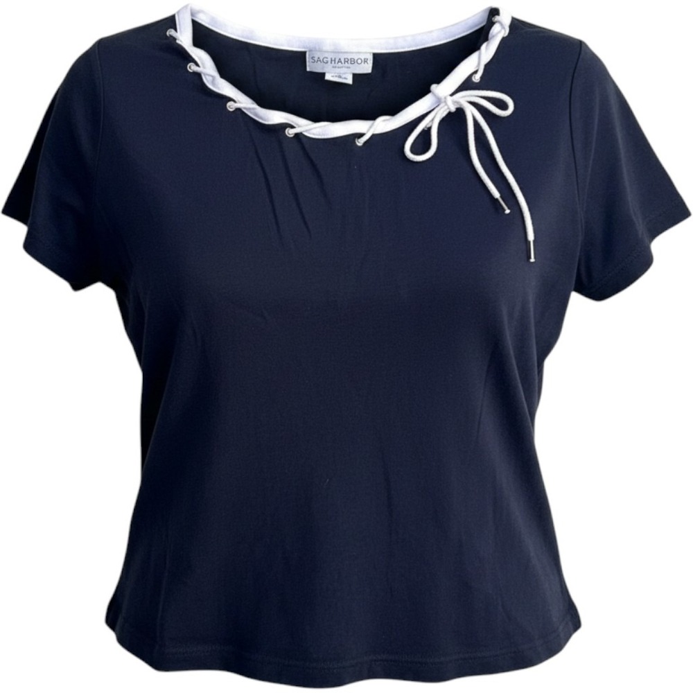 Sag Harbor Top Wms 1X Navy Blue Lace Up Neck Cotton Short Sleeve Nautical Preppy